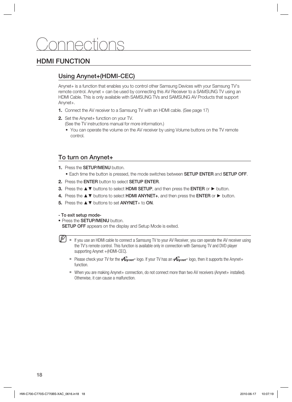 Connections, Hdmi function, Using anynet+(hdmi-cec) | Samsung C770BS-XAC User Manual | Page 18 / 60