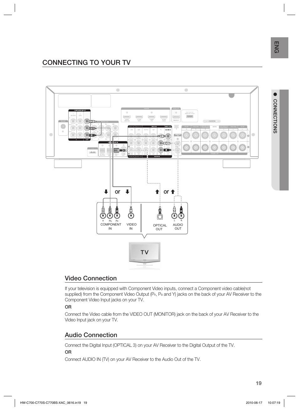 Connecting to your tv, Video connection, Audio connection | Samsung C770BS-XAC User Manual | Page 19 / 60