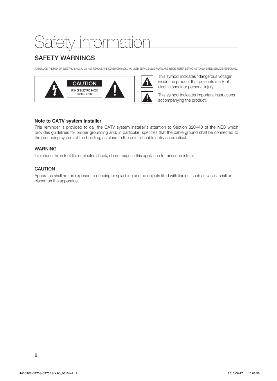 Safety information, Safety warnings | Samsung C770BS-XAC User Manual | Page 2 / 60