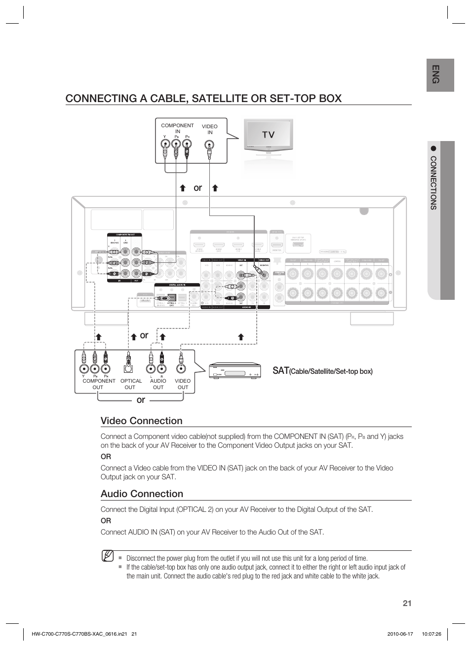 Connecting a cable, satellite or set-top box, Video connection, Audio connection | Or sat | Samsung C770BS-XAC User Manual | Page 21 / 60