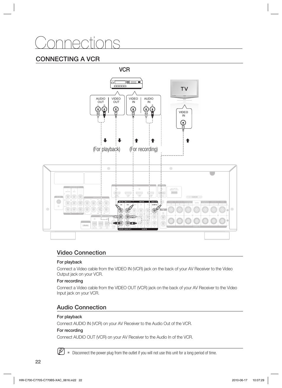 Connections, Connecting a vcr, Video connection | Audio connection, Vcr (for playback) (for recording) | Samsung C770BS-XAC User Manual | Page 22 / 60