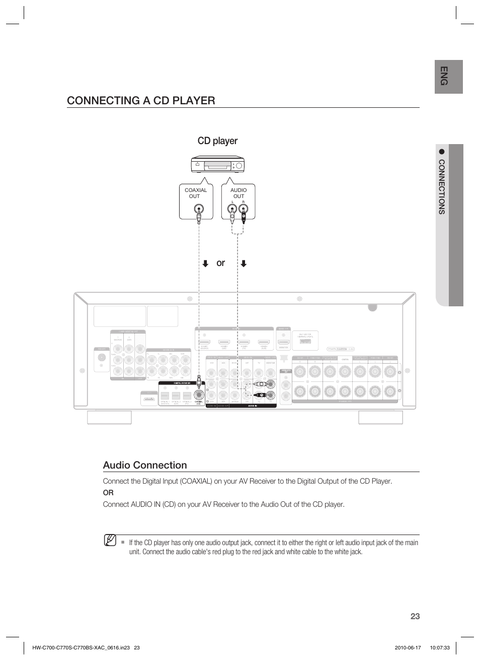 Connecting a cd player, Audio connection, Cd player | Samsung C770BS-XAC User Manual | Page 23 / 60