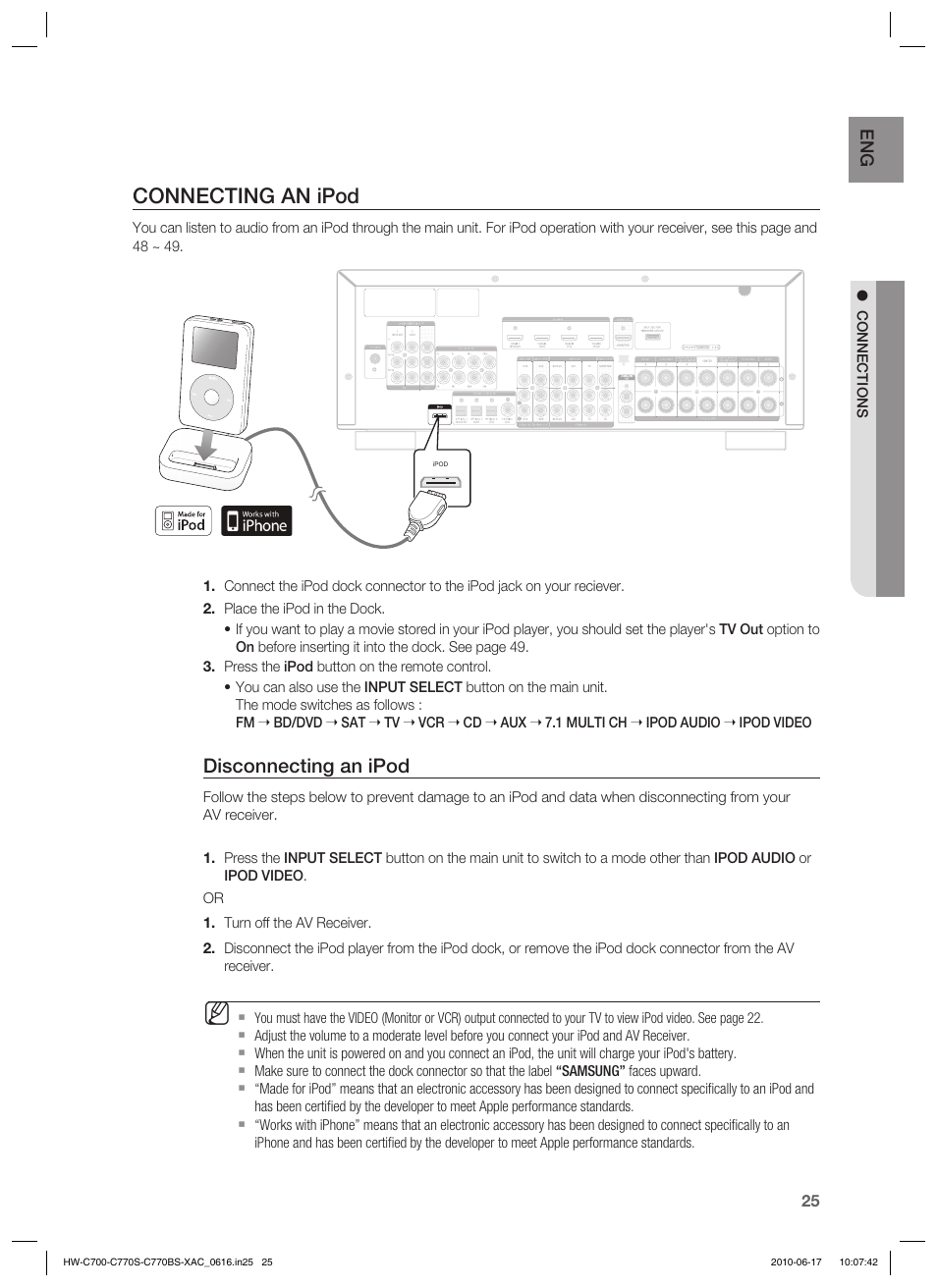 Connecting an ipod, Disconnecting an ipod | Samsung C770BS-XAC User Manual | Page 25 / 60