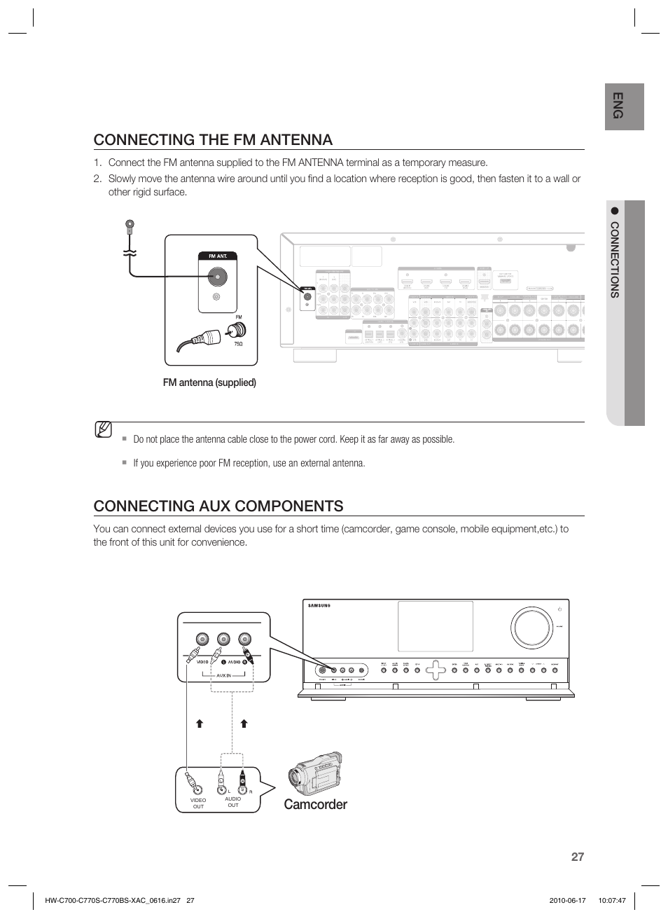 Connecting the fm antenna, Connecting aux components, Camcorder | Samsung C770BS-XAC User Manual | Page 27 / 60