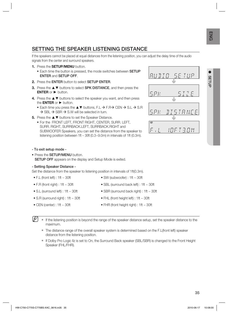 Setting the speaker listening distance | Samsung C770BS-XAC User Manual | Page 35 / 60