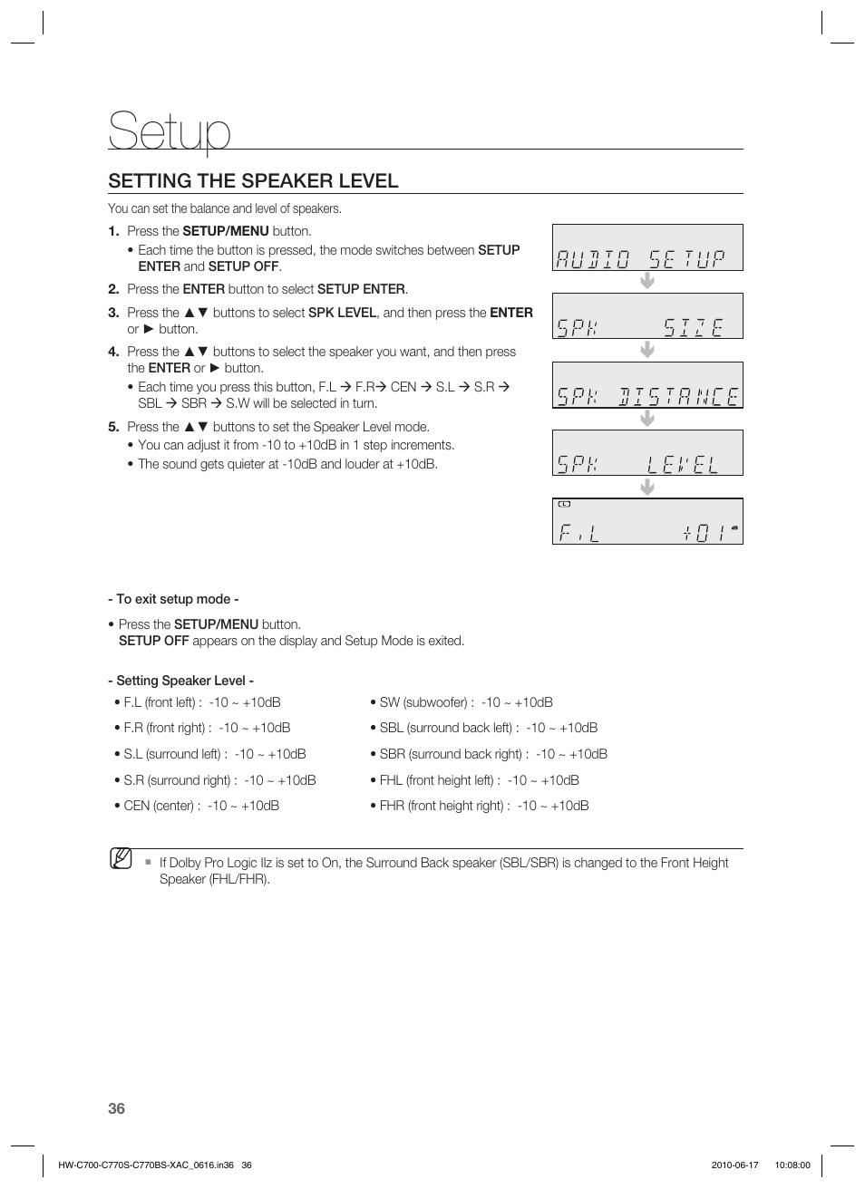 Setup, Setting the speaker level | Samsung C770BS-XAC User Manual | Page 36 / 60