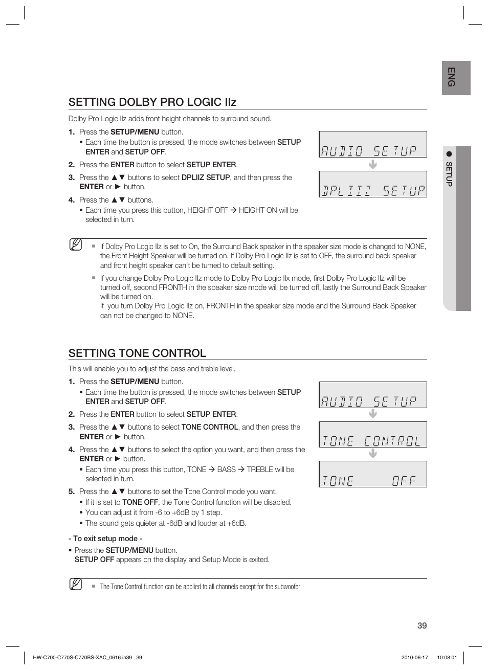 Setting dolby pro logic iiz, Setting tone control | Samsung C770BS-XAC User Manual | Page 39 / 60