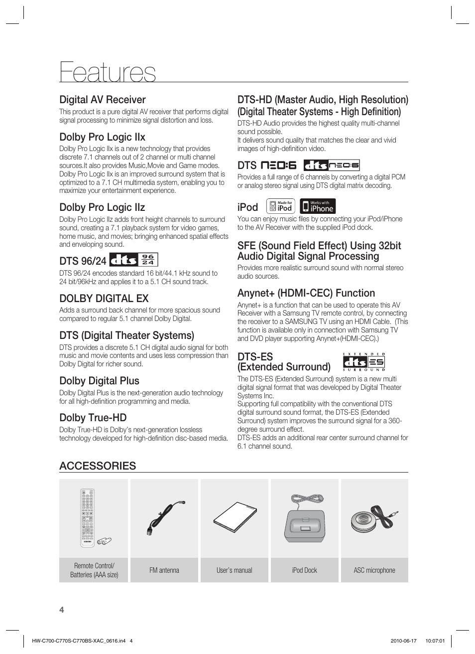 Features, Digital av receiver, Dolby pro logic iix | Dolby pro logic iiz, Dts 96/24, Dolby digital ex, Dts (digital theater systems), Dolby digital plus, Dolby true-hd, Ipod | Samsung C770BS-XAC User Manual | Page 4 / 60