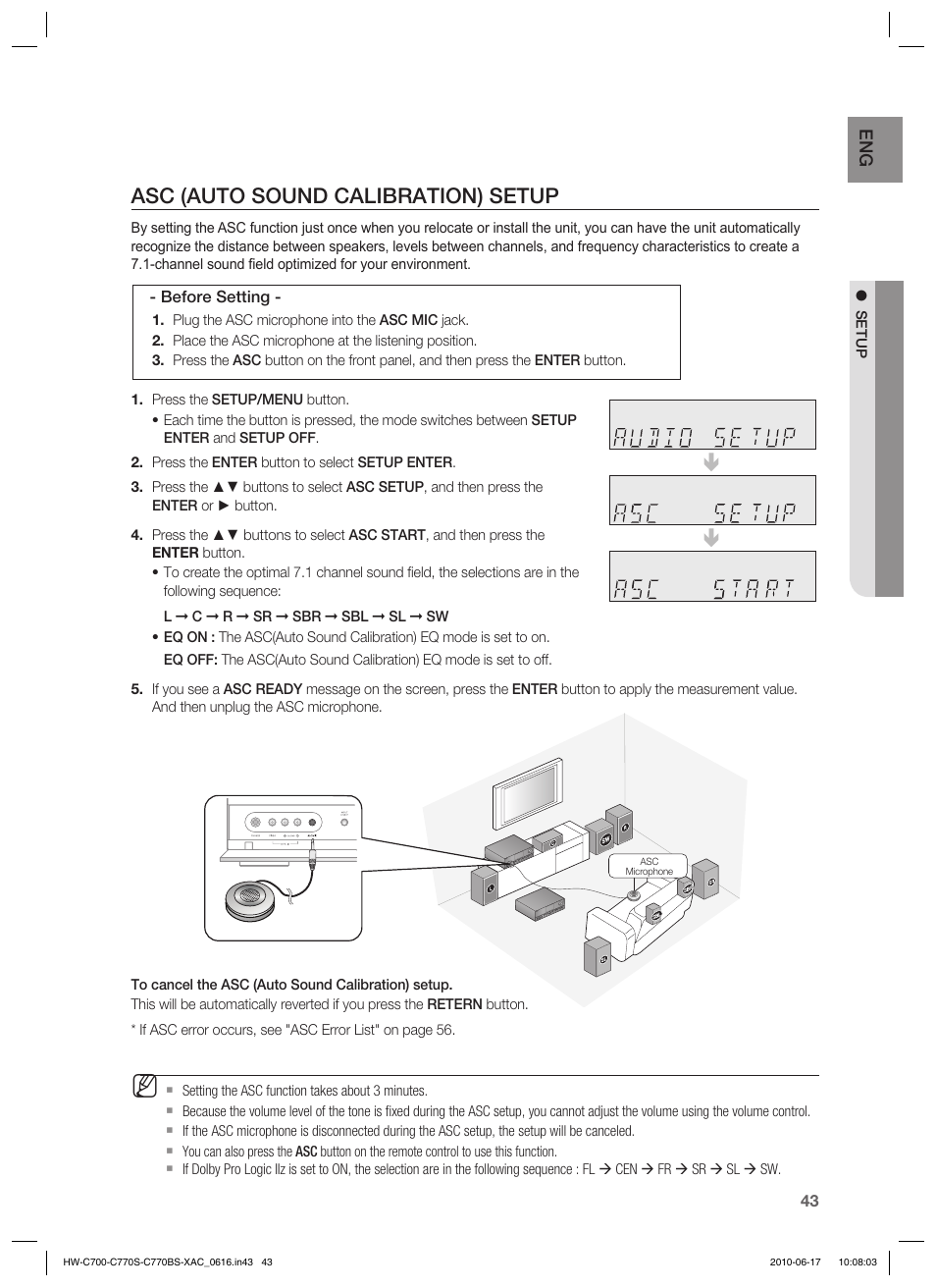 Asc (auto sound calibration) setup | Samsung C770BS-XAC User Manual | Page 43 / 60