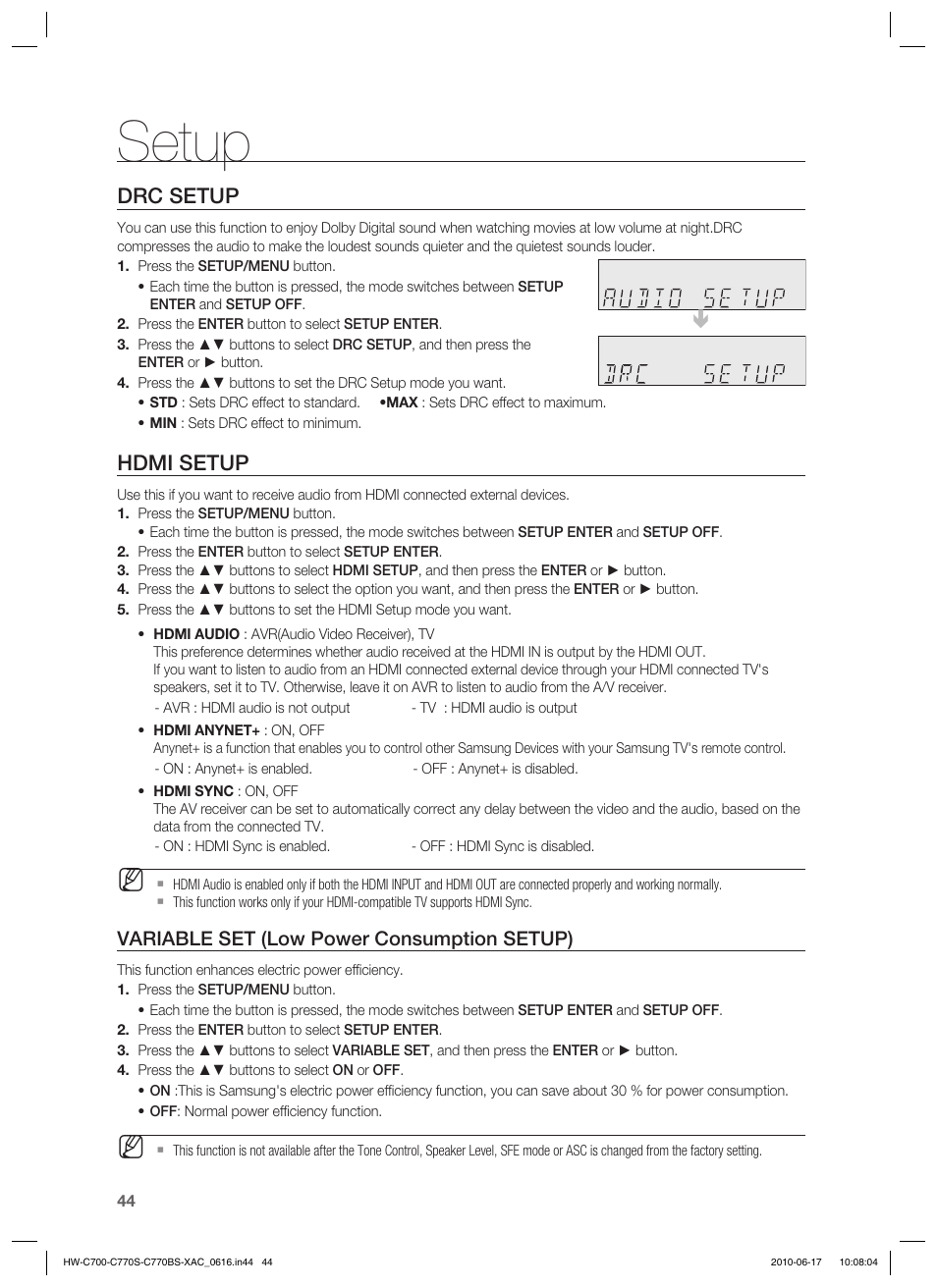 Setup, Drc setup, Hdmi setup | Variable set (low power consumption setup) | Samsung C770BS-XAC User Manual | Page 44 / 60