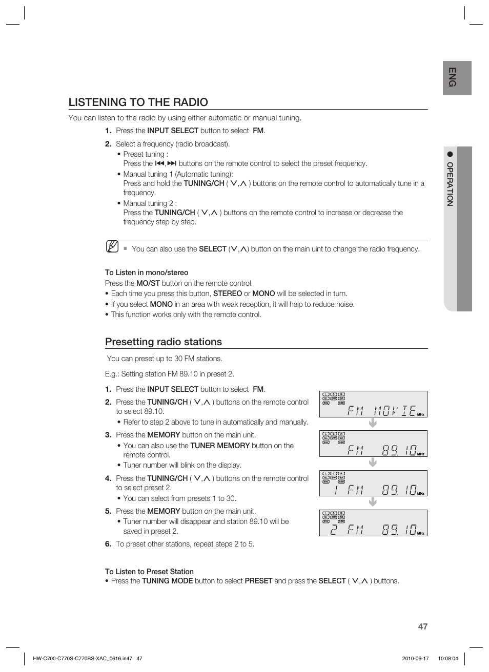 Listening to the radio, Presetting radio stations | Samsung C770BS-XAC User Manual | Page 47 / 60