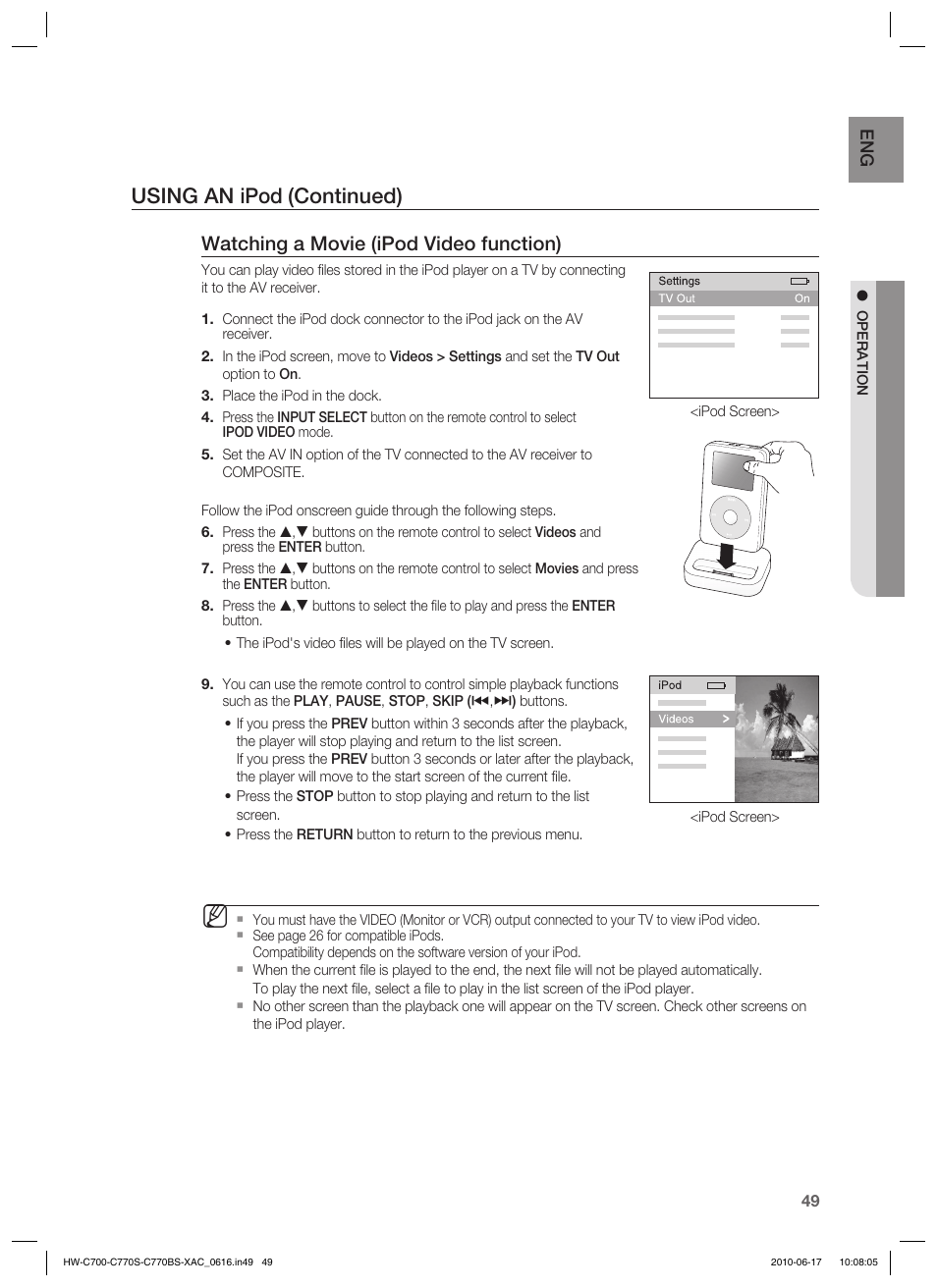 Using an ipod (continued), Watching a movie (ipod video function) | Samsung C770BS-XAC User Manual | Page 49 / 60