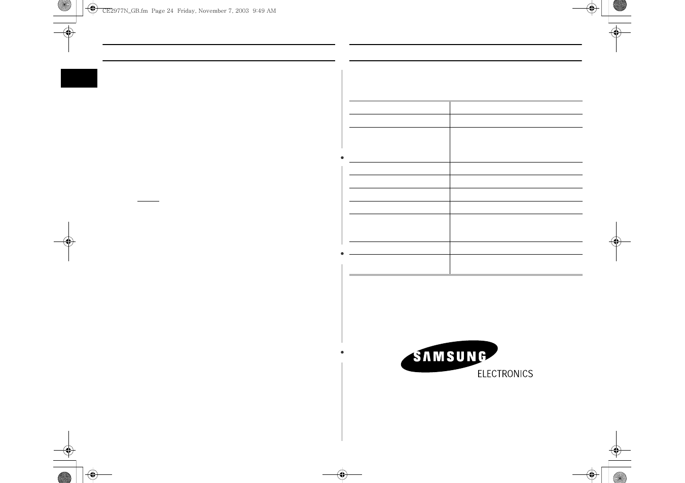 Storing and repairing your microwave oven, Technical specifications | Samsung CE2977NT User Manual | Page 24 / 24