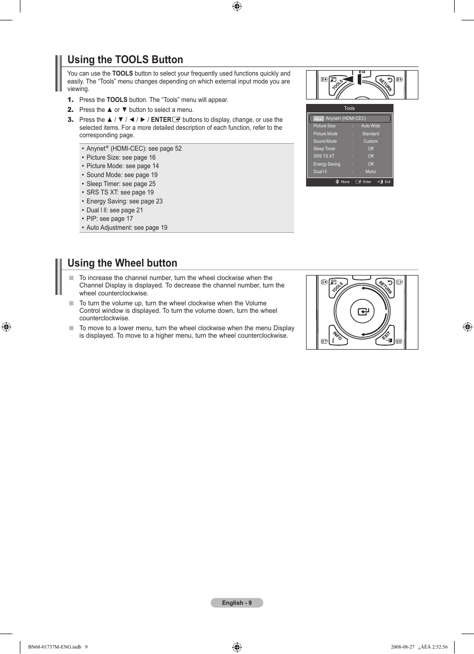 Using the tools button, Using the wheel button | Samsung 9 Series User Manual | Page 11 / 64