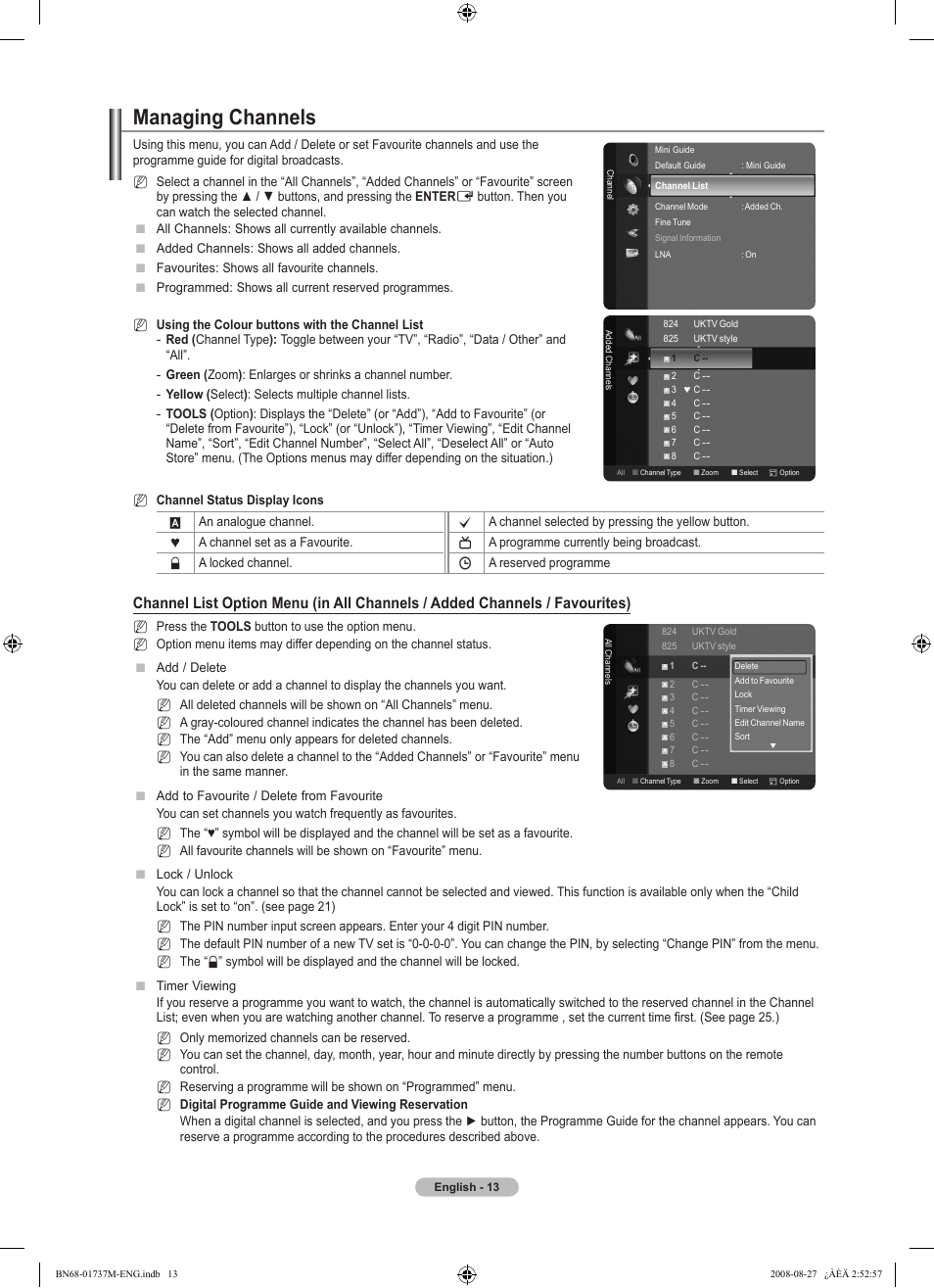 Managing channels | Samsung 9 Series User Manual | Page 15 / 64