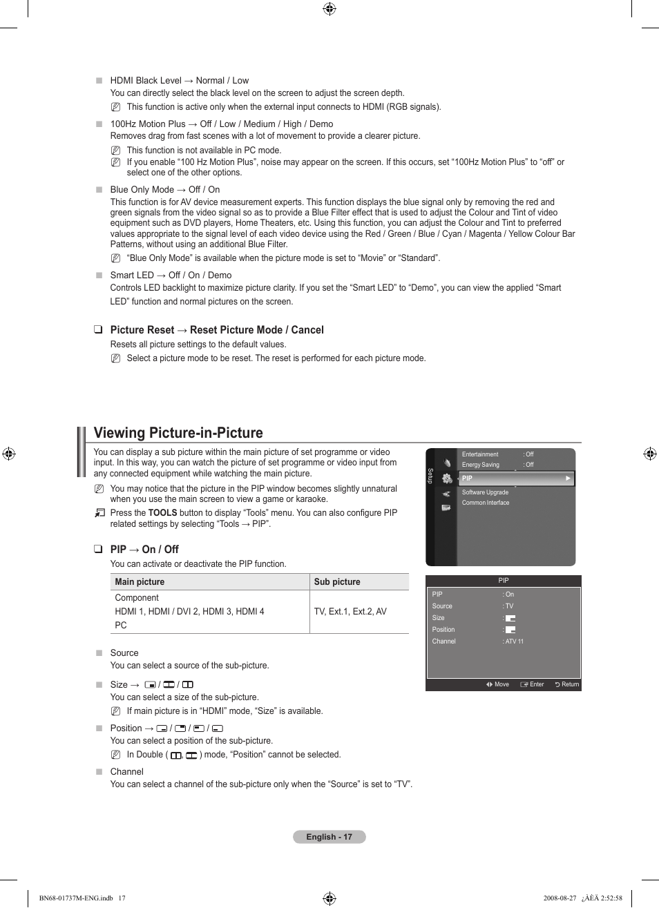 Viewing picture-in-picture, Picture reset → reset picture mode / cancel, Pip → on / off | Samsung 9 Series User Manual | Page 19 / 64