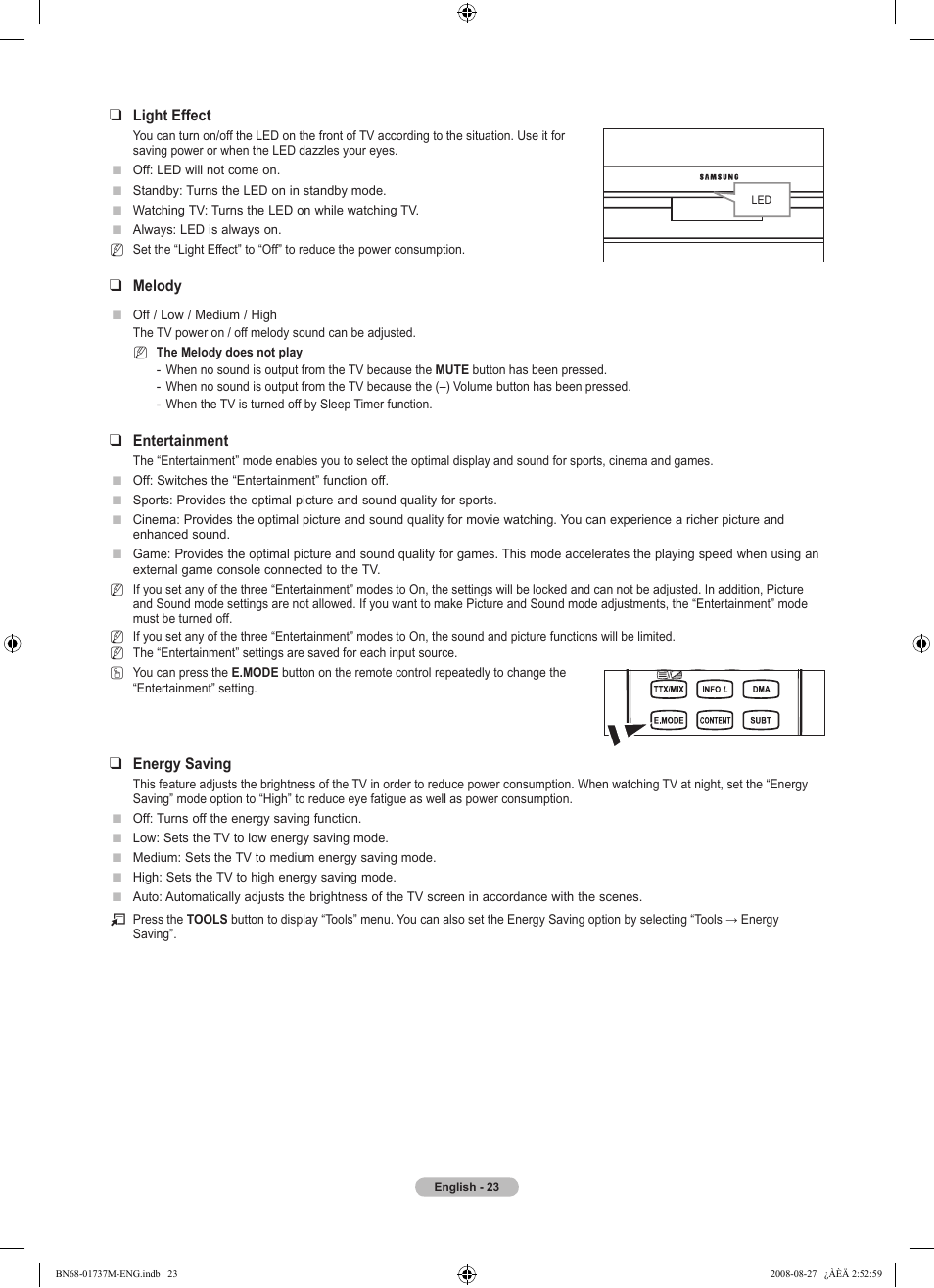 Light effect, Melody, Entertainment | Energy saving | Samsung 9 Series User Manual | Page 25 / 64