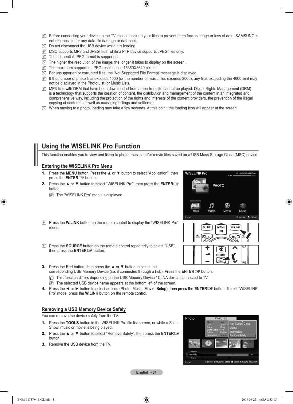 Using the wiselink pro function, Entering the wiselink pro menu | Samsung 9 Series User Manual | Page 33 / 64