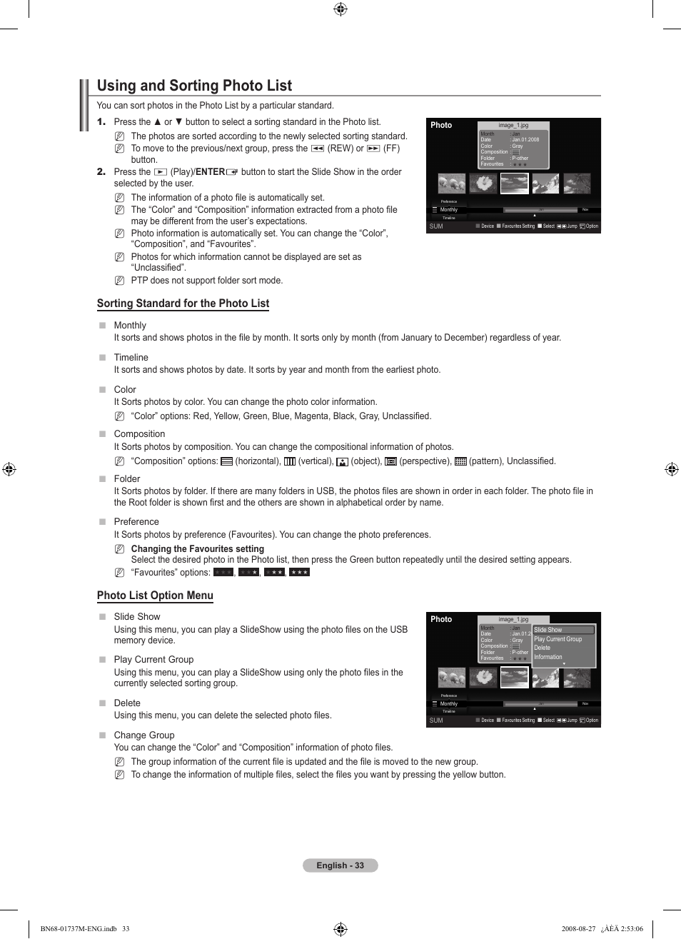 Using and sorting photo list, Sorting standard for the photo list, Photo list option menu | Samsung 9 Series User Manual | Page 35 / 64