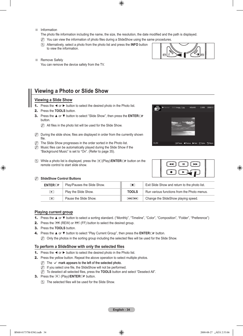 Viewing a photo or slide show, Viewing a slide show, Playing current group | Samsung 9 Series User Manual | Page 36 / 64
