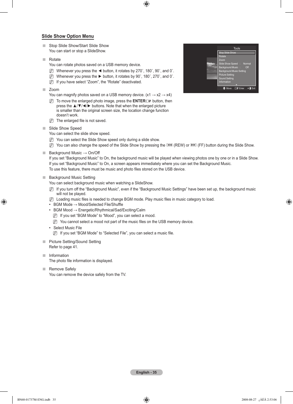 Slide show option menu | Samsung 9 Series User Manual | Page 37 / 64