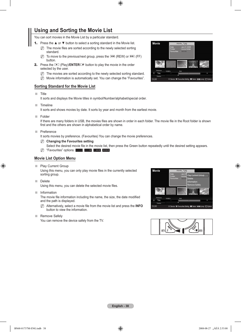 Using and sorting the movie list, Sorting standard for the movie list, Movie list option menu | Samsung 9 Series User Manual | Page 40 / 64