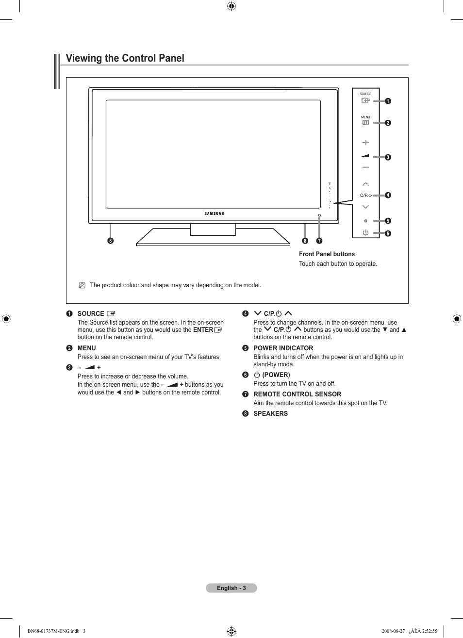 Viewing the control panel | Samsung 9 Series User Manual | Page 5 / 64