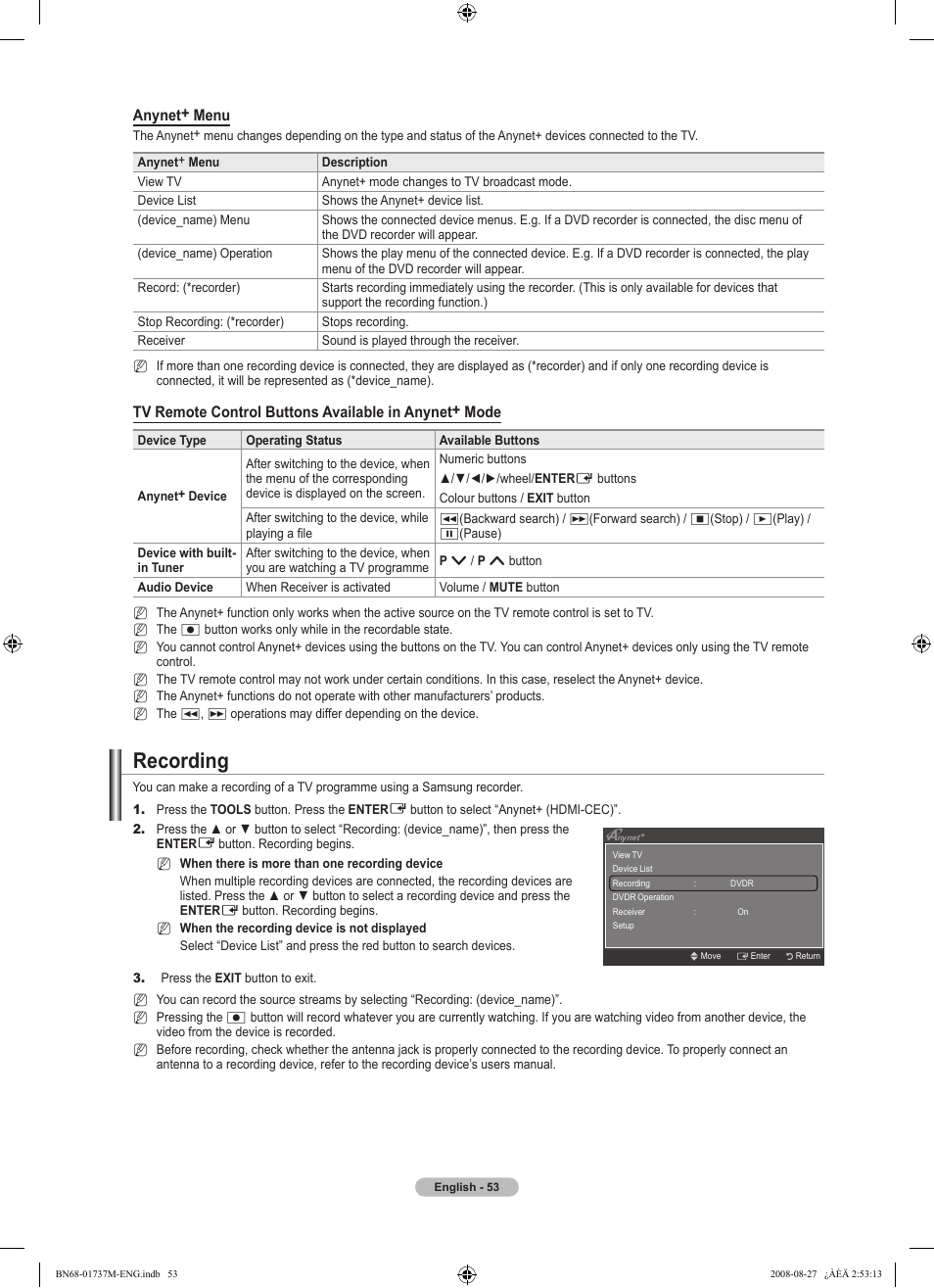 Recording, Anynet+ menu | Samsung 9 Series User Manual | Page 55 / 64