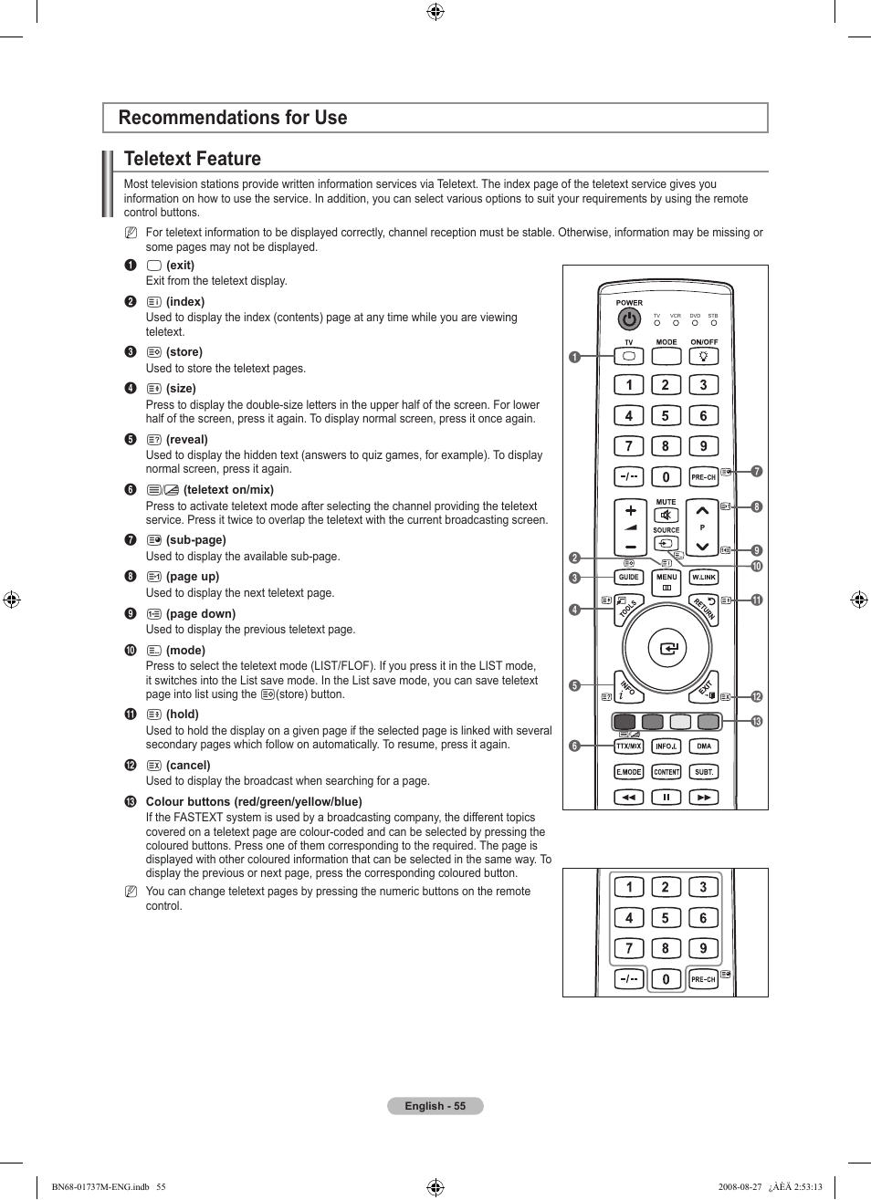 Recommendations for use, Teletext feature, Recommendations for use teletext feature | Samsung 9 Series User Manual | Page 57 / 64
