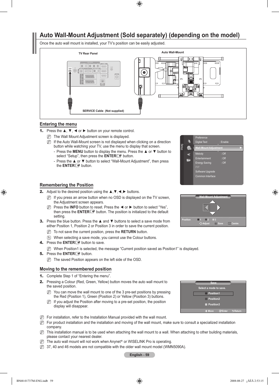 Entering the menu, Remembering the position, Moving to the remembered position | Samsung 9 Series User Manual | Page 61 / 64