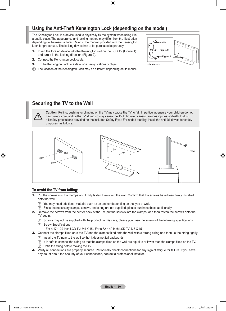 Securing the tv to the wall | Samsung 9 Series User Manual | Page 62 / 64