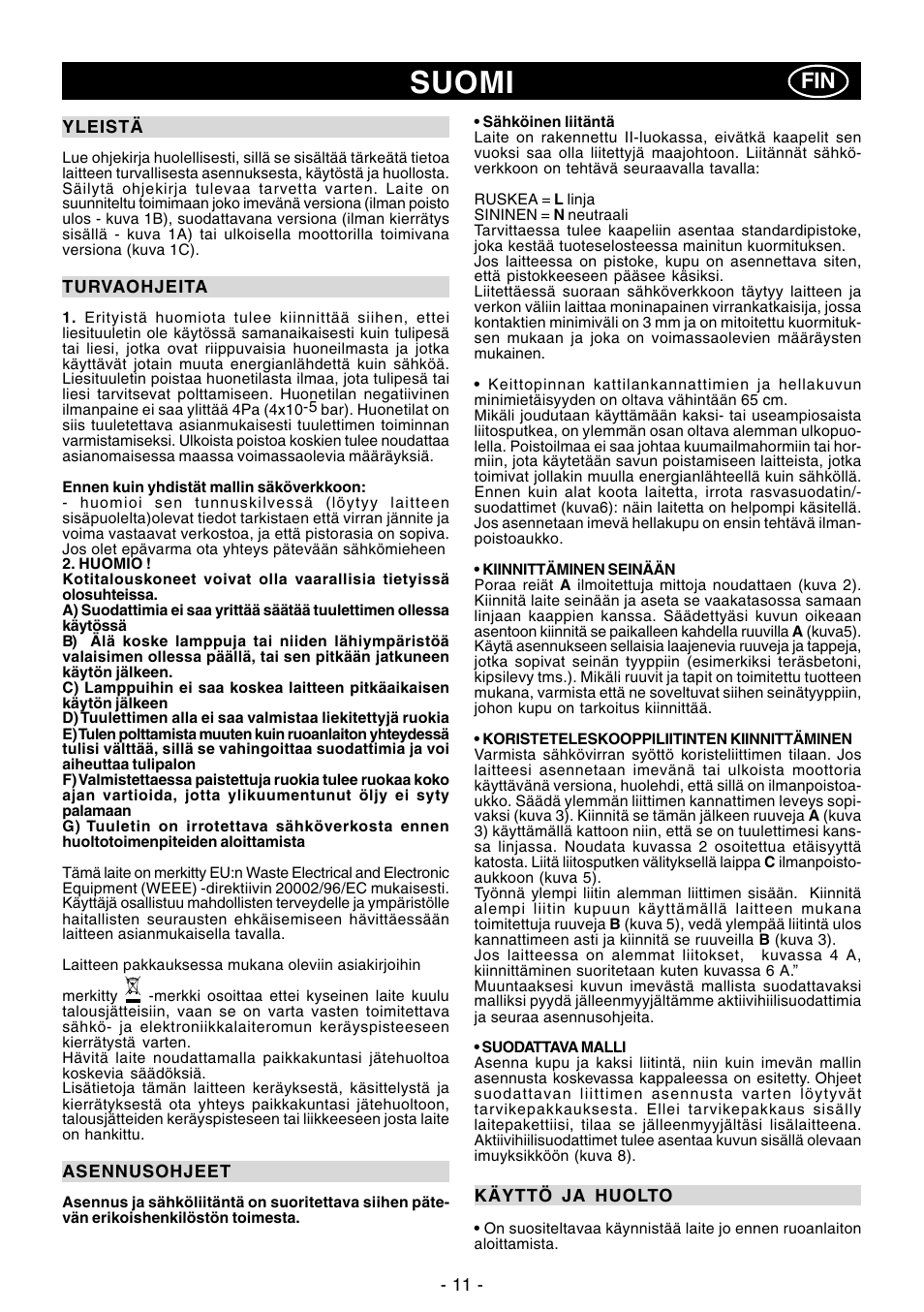 Suomi | Ardo MG60-90 User Manual | Page 11 / 28