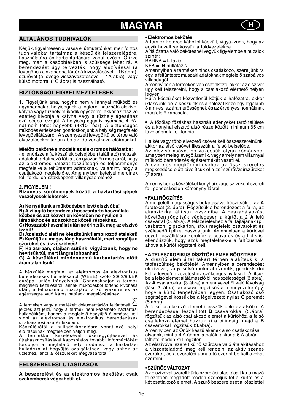 Magyar | Ardo MG60-90 User Manual | Page 15 / 28