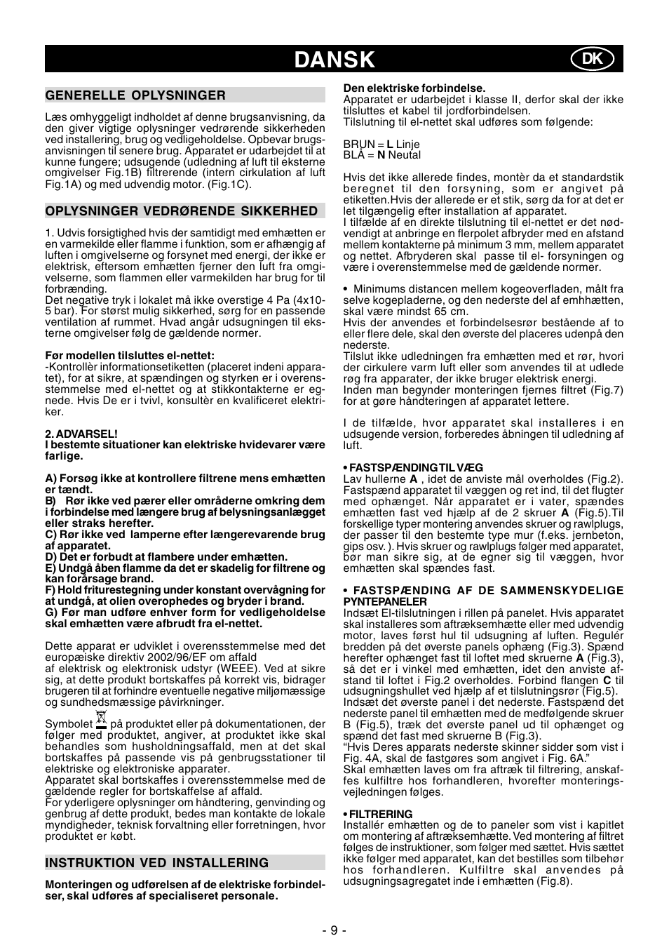 Dansk | Ardo MG60-90 User Manual | Page 9 / 28