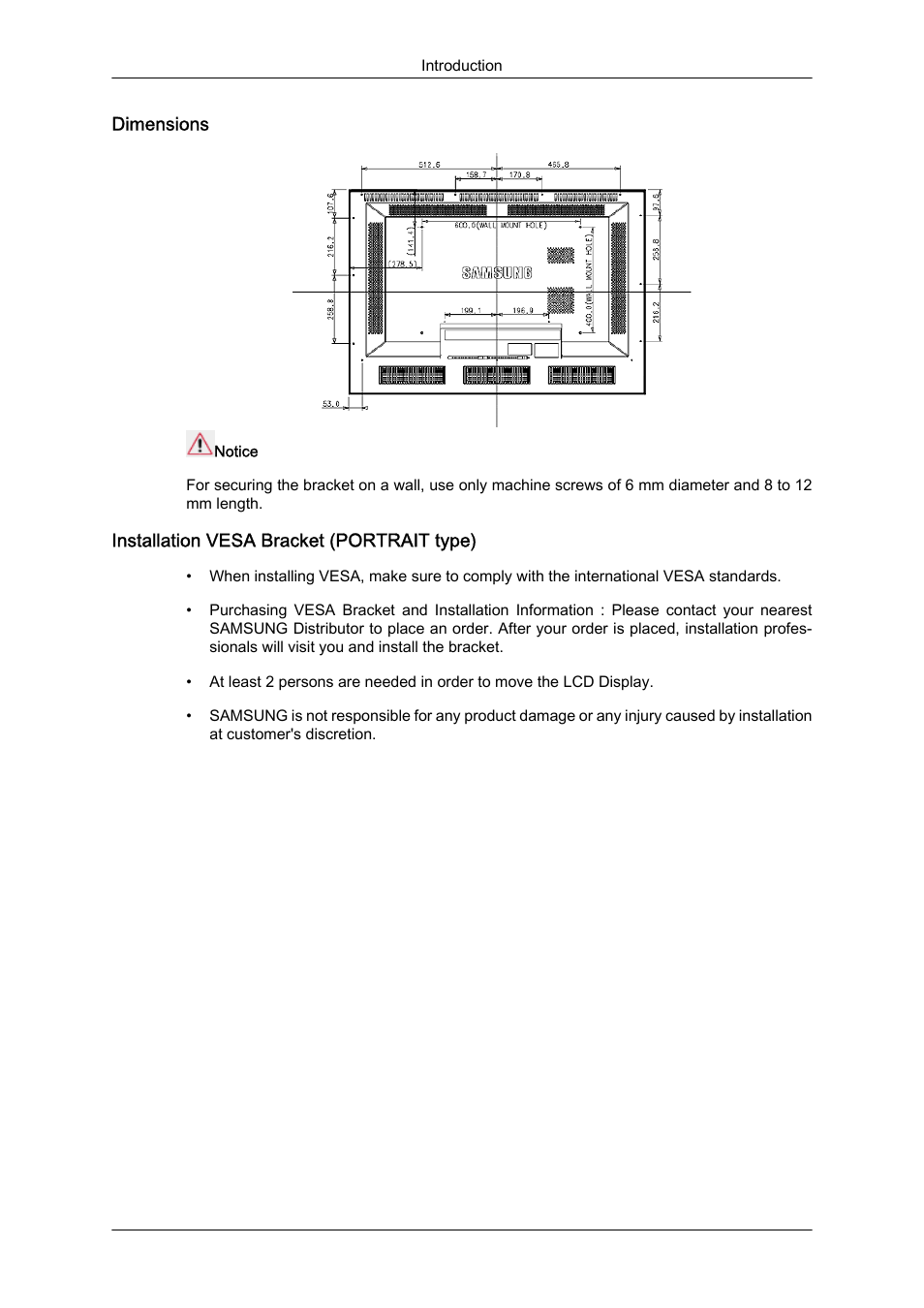 Dimensions, Installation vesa bracket (portrait type) | Samsung 460DR-S User Manual | Page 13 / 30