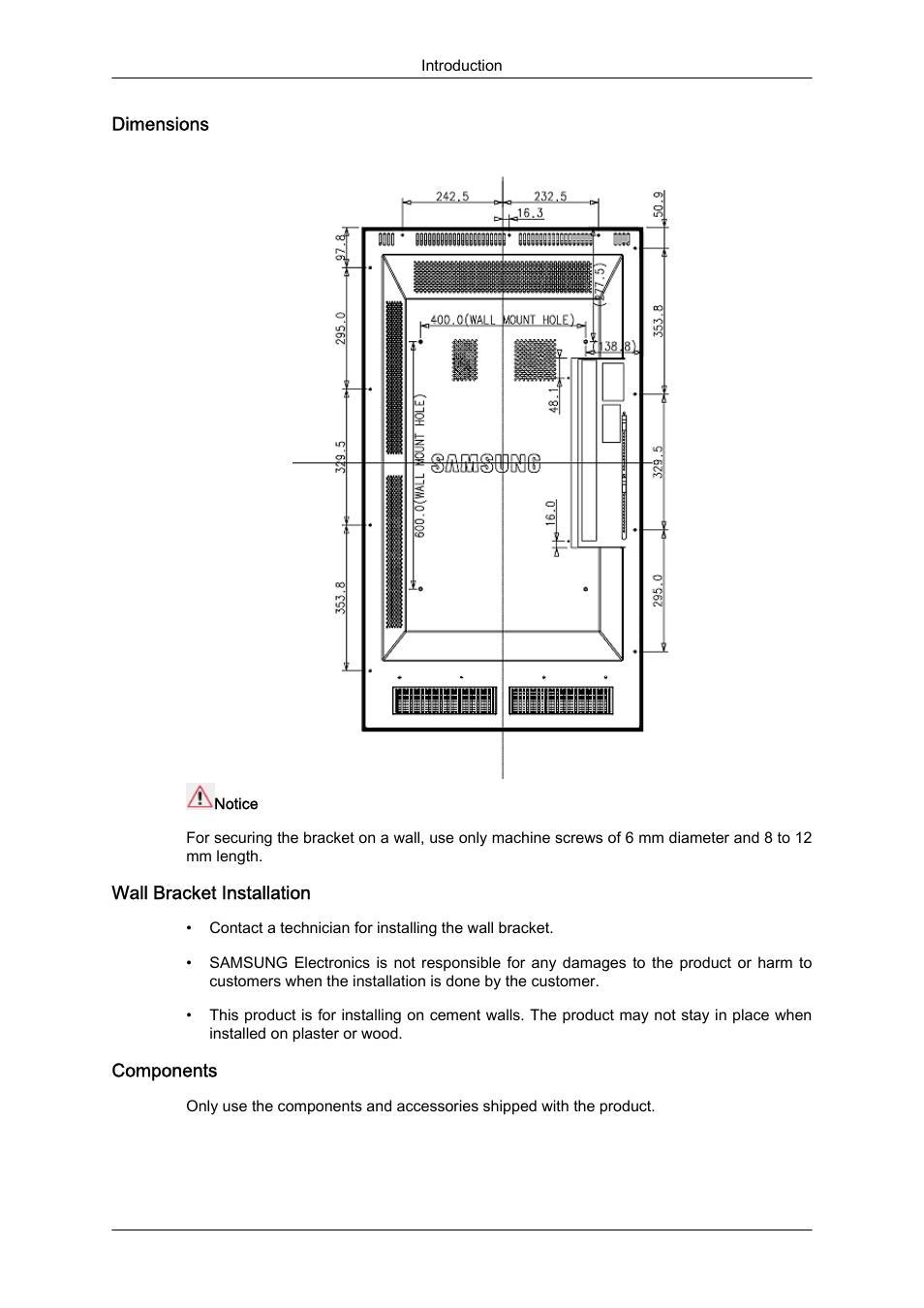 Dimensions, Wall bracket installation, Components | Samsung 460DR-S User Manual | Page 14 / 30