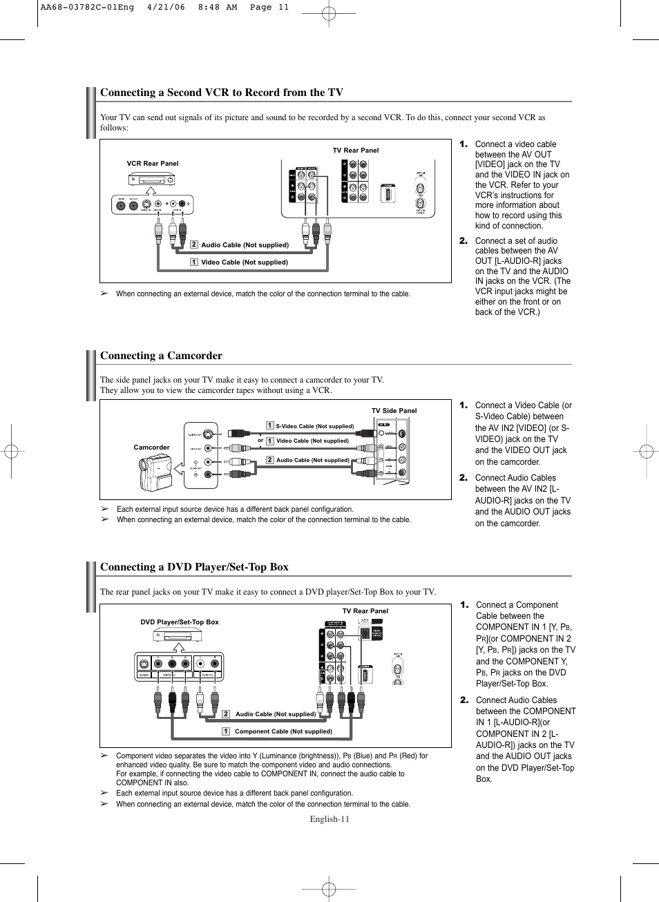 Connecting a second vcr to record from the tv, Connecting a camcorder, Connecting a dvd player/set-top box | Samsung CL-29Z40DS User Manual | Page 11 / 44