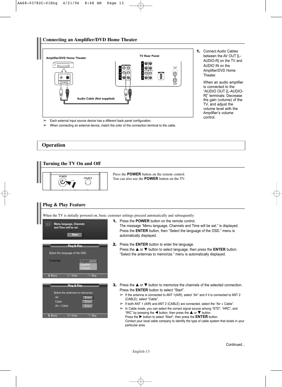 Connecting an amplifier/dvd home theater, Operation, Turning the tv on and off | Plug & play feature | Samsung CL-29Z40DS User Manual | Page 13 / 44