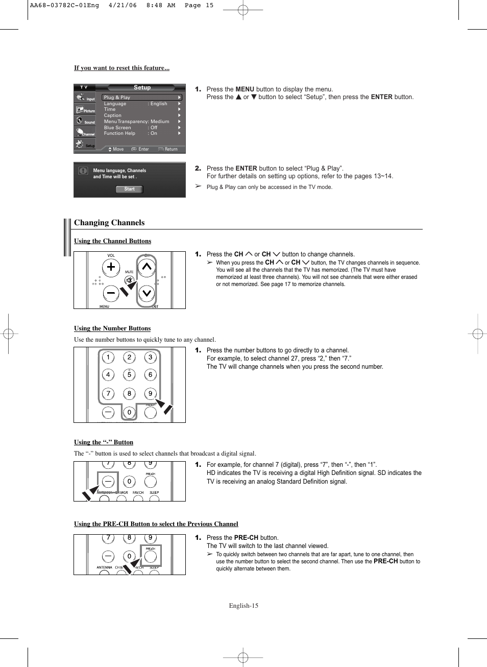 Changing channels | Samsung CL-29Z40DS User Manual | Page 15 / 44