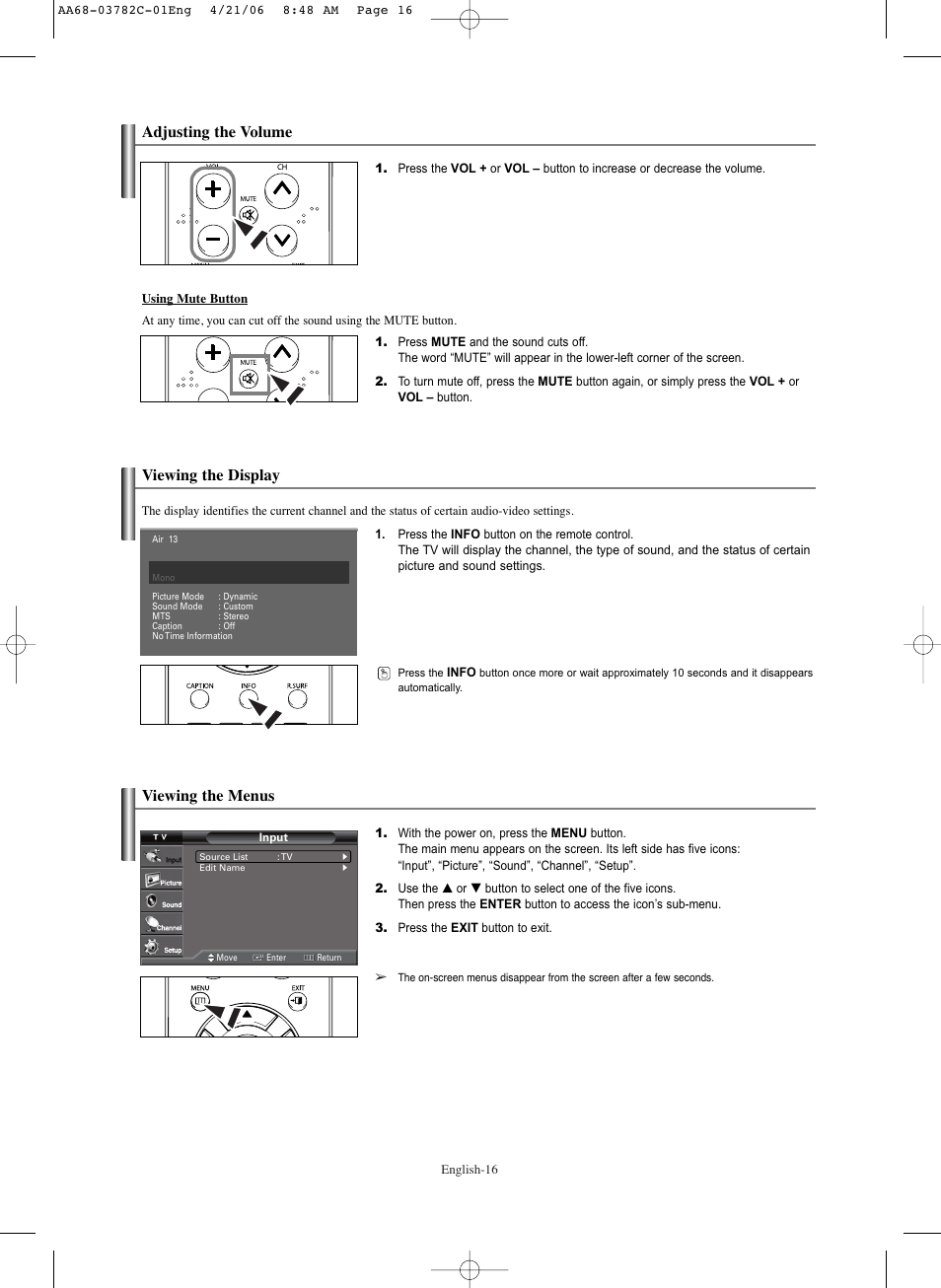 Adjusting the volume, Viewing the display, Viewing the menus | Viewing the display adjusting the volume | Samsung CL-29Z40DS User Manual | Page 16 / 44