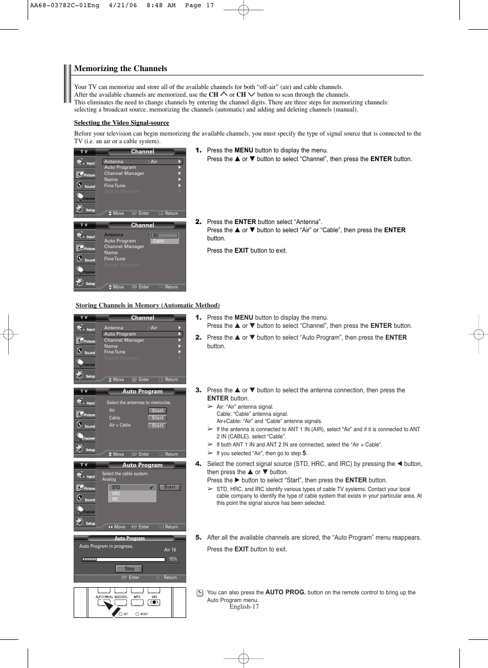 Memorizing the channels | Samsung CL-29Z40DS User Manual | Page 17 / 44
