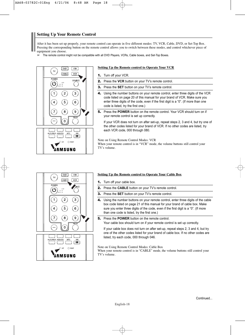 Setting up your remote control | Samsung CL-29Z40DS User Manual | Page 18 / 44