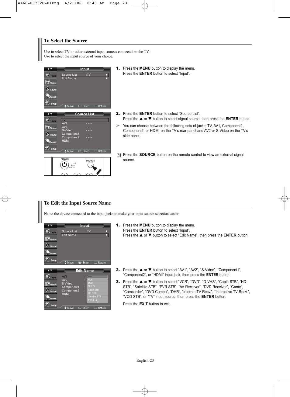 To select the source, To edit the input source name | Samsung CL-29Z40DS User Manual | Page 23 / 44