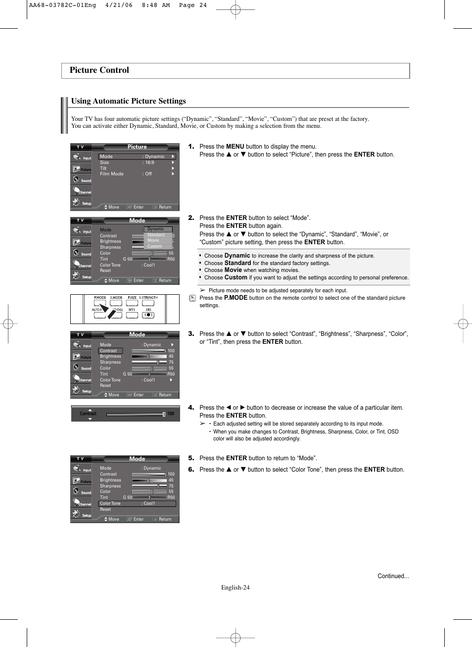 Picture control, Using automatic picture settings | Samsung CL-29Z40DS User Manual | Page 24 / 44