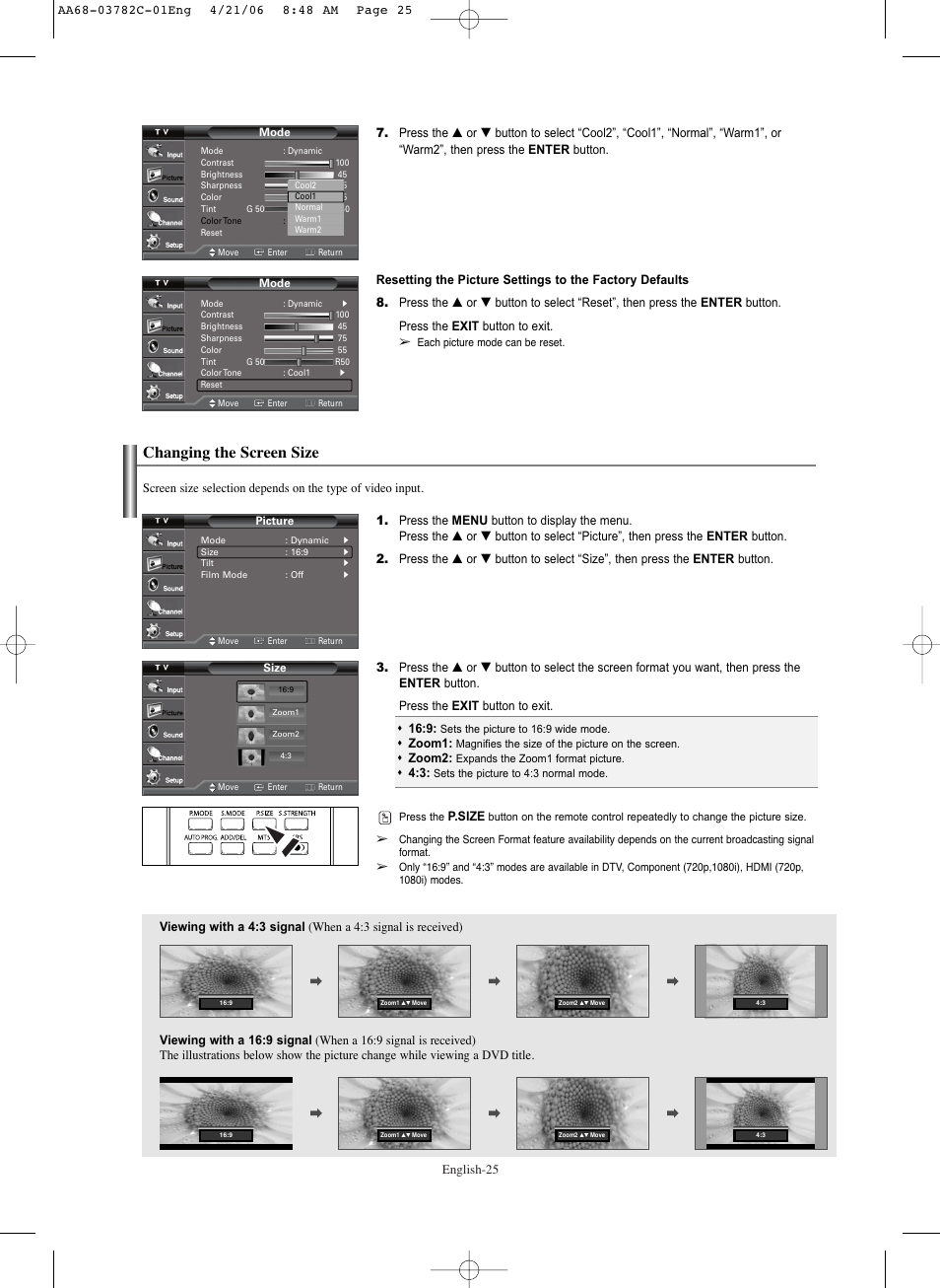 Changing the screen size | Samsung CL-29Z40DS User Manual | Page 25 / 44