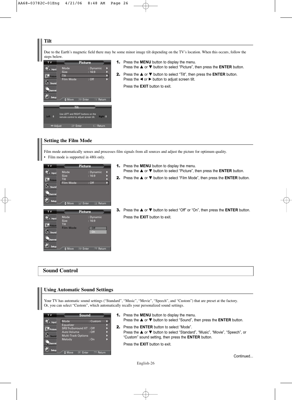 Tilt, Setting the film mode, Sound control | Using automatic sound settings | Samsung CL-29Z40DS User Manual | Page 26 / 44