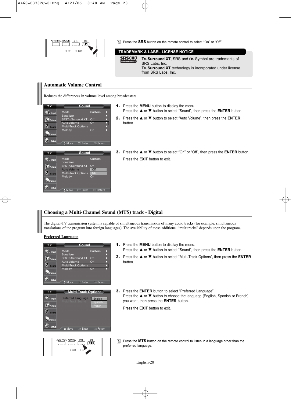 Automatic volume control | Samsung CL-29Z40DS User Manual | Page 28 / 44