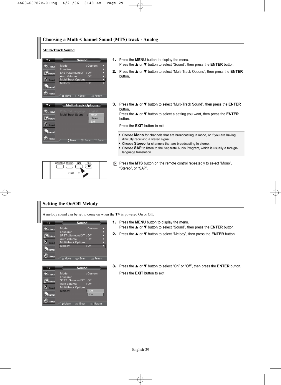 Setting the on/off melody | Samsung CL-29Z40DS User Manual | Page 29 / 44