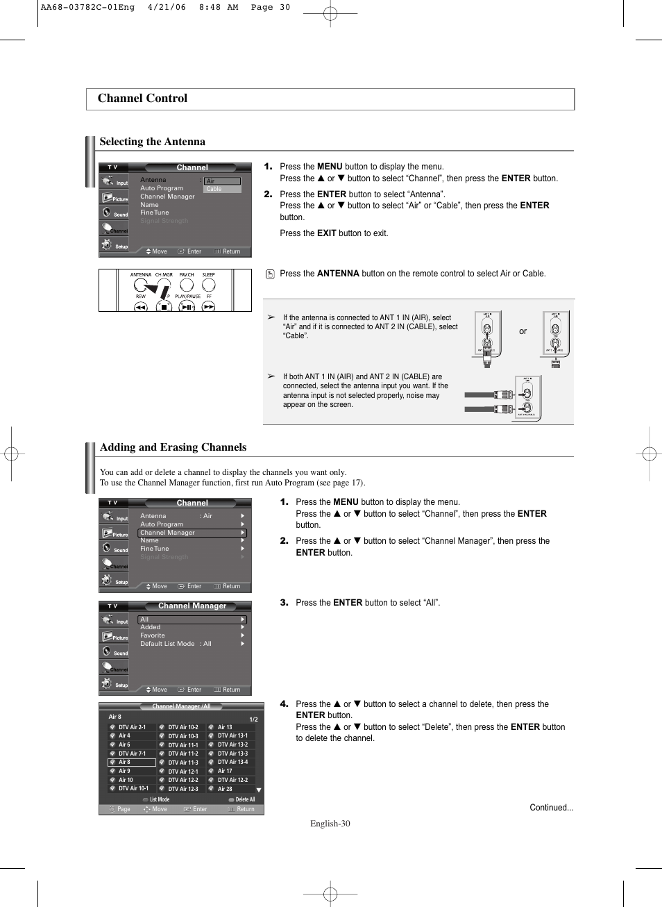 Channel control, Selecting the antenna, Adding and erasing channels | Selecting the antenna adding and erasing channels | Samsung CL-29Z40DS User Manual | Page 30 / 44