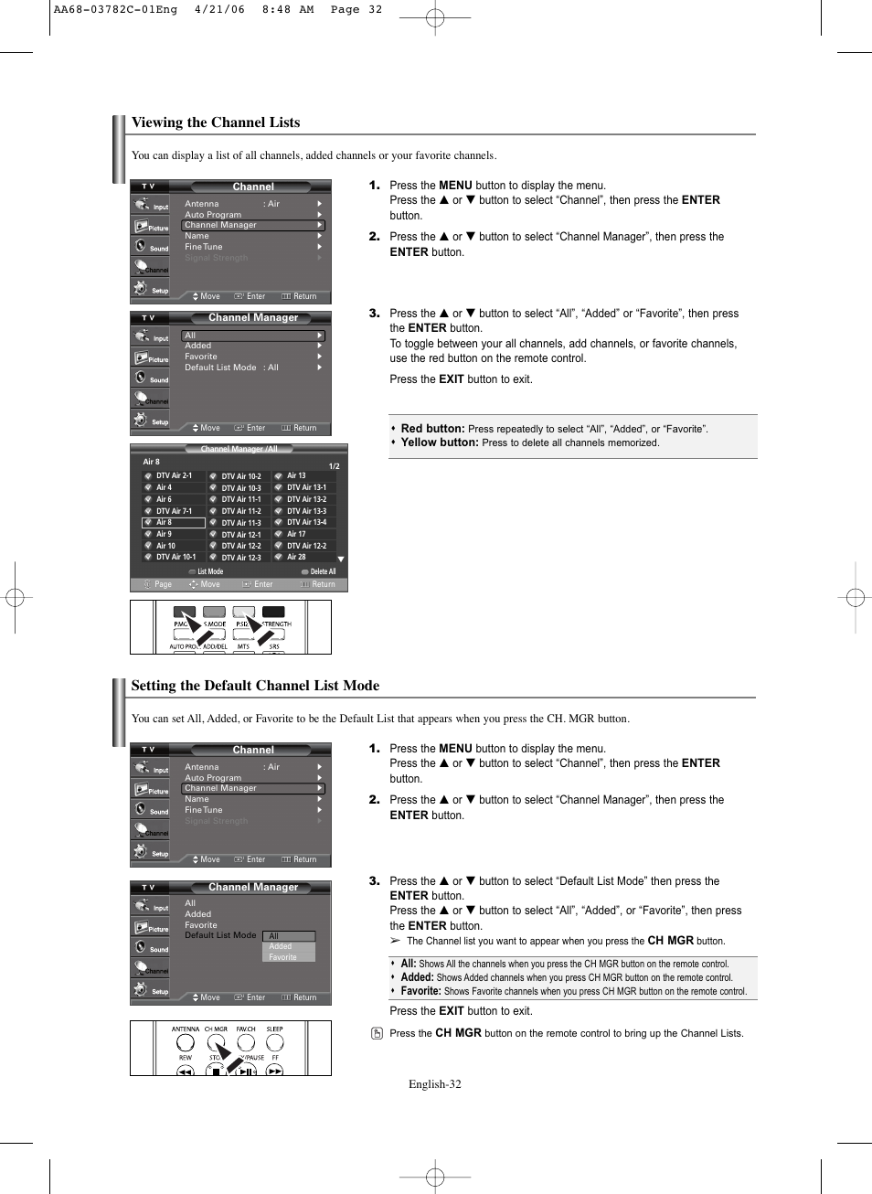 Viewing the channel lists, Setting the default channel list mode | Samsung CL-29Z40DS User Manual | Page 32 / 44